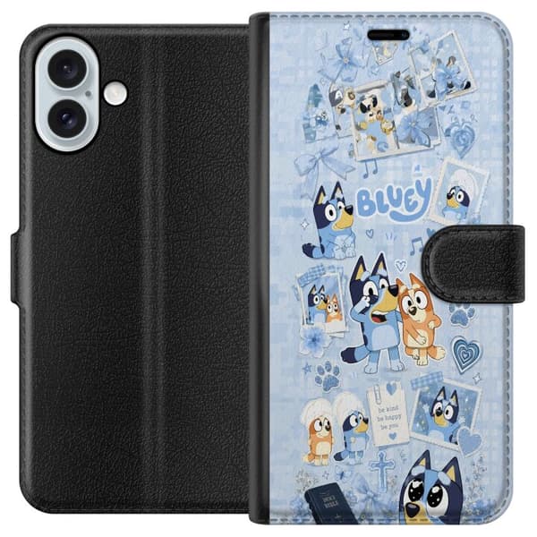Kompatibel Tegnebogsetui til Apple iPhone 16 Plus Blåt tegnet collage med hunde, hjerter, poter, blomster og sløjfer blå