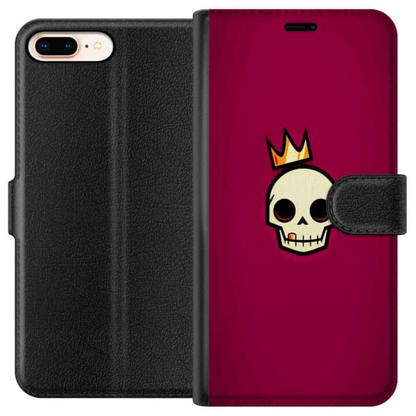 Kompatibel Tegnebogsetui til Apple iPhone 8 Plus Minimalistisk kranium med gul krone mod mørkerød baggrund rød
