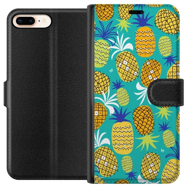 Kompatibel Tegnebogsetui til Apple iPhone 8 Plus Legende mønster med gule og grønne ananaser mod turkis baggrund blå