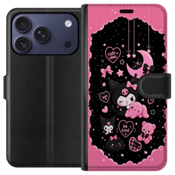 Kompatibel Tegnebogsetui til Apple iPhone 17 Pro Søde lyserøde og sorte gothfigurer med hjerter, måne, stjerner og positiv tekst sort