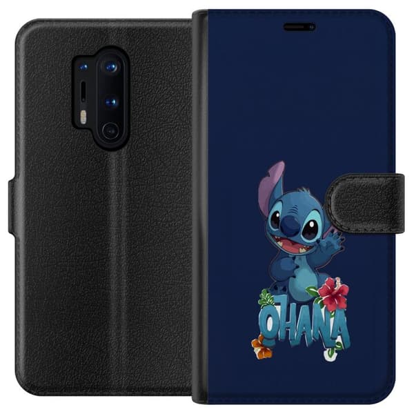Kompatibel Tegnebogsetui til OnePlus 8 Pro Charmerende blå tegnet figur, der vinker over tekst og tropiske hibiscusblomster mod mørkeblå baggrund blå