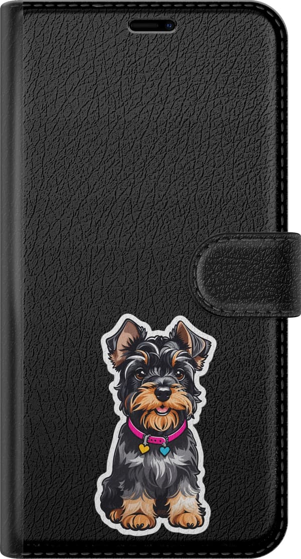 Kompatibel Tegnebogsetui til Apple iPhone 5s Halsbåndsterrier - Sort motiv med yorkshireterrier med lyserødt halsbånd. sort