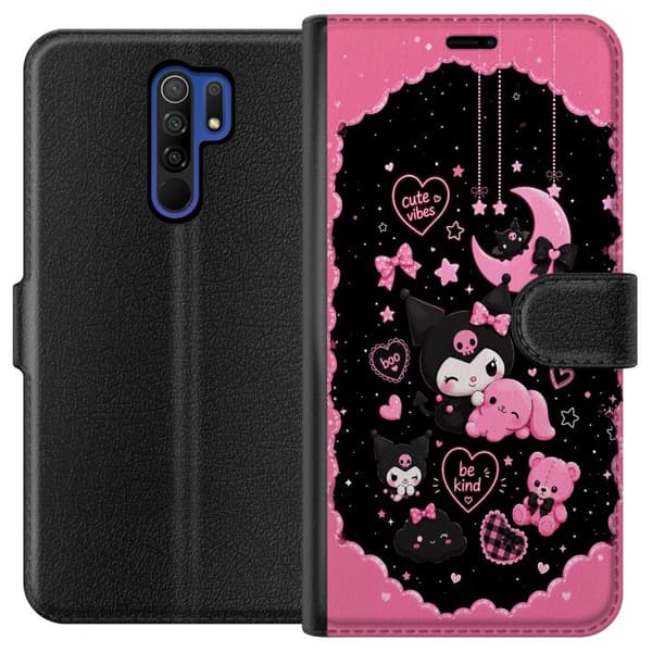 Kompatibel Tegnebogsetui til Xiaomi Redmi 9 Søde lyserøde og sorte gothfigurer med hjerter, måne, stjerner og positiv tekst sort