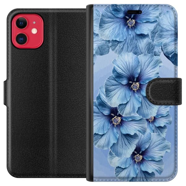 Kompatibel Tegnebogsetui til Apple iPhone 11 Store lyseblå blomster med mørkeblå centre mod blå baggrund blå