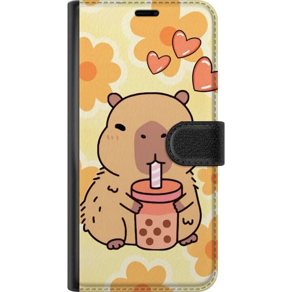 Kompatibel Tegnebogsetui til Apple iPhone 16 Pro Max Solkapybara – En kapybara med bubble tea i gule og orange toner. Et dekorativt billedmotiv med e gul