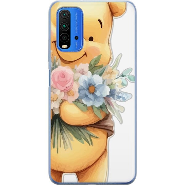 Xiaomi Redmi 9T Läpinäkyvä kuori Nalle Puh kukkien kanssa - klassinen lasten suosikki kukkivassa keväisympäristössä