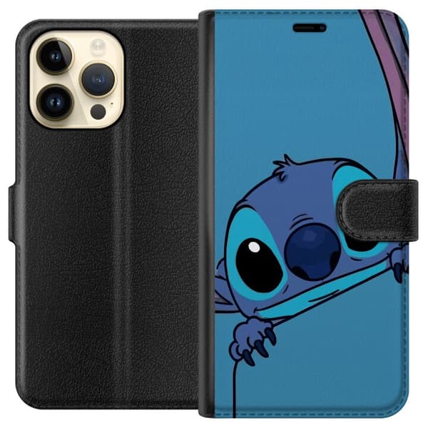 Kompatibel Tegnebogsetui til Apple iPhone 15 Pro Max Sød blå storøret tegnet figur, der kigger frem mod en ensfarvet blå baggrund blå