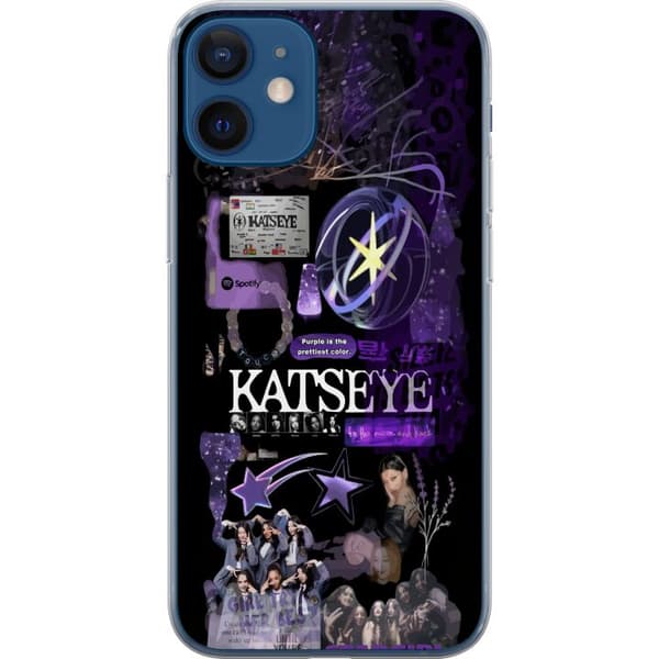 Kompatibelt Mobildeksel til Apple iPhone 12 mini KATSEYE i lilla collage med gruppebilder, stjerner, logo og glitrende nostalgiske detaljer lila