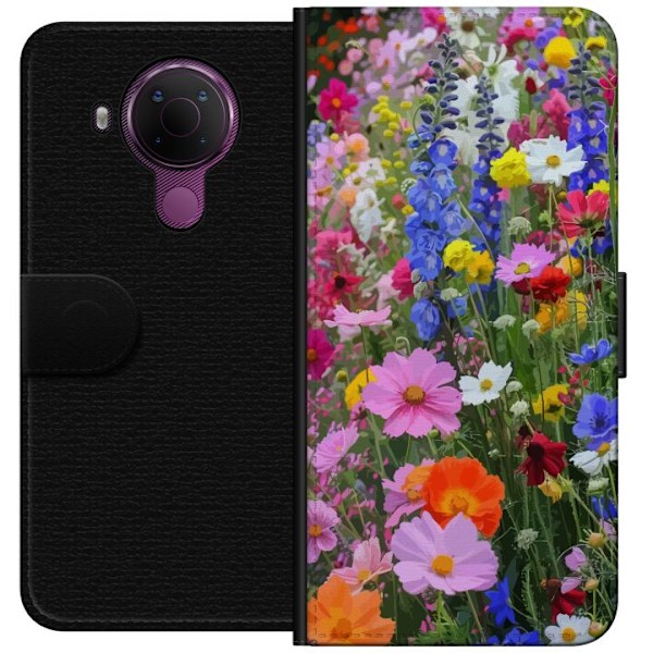 Nokia 5.4 Lompakkokotelo Kukkakuvioinen mobiilikuori kesäisellä niityllä ja luontomaisemalla