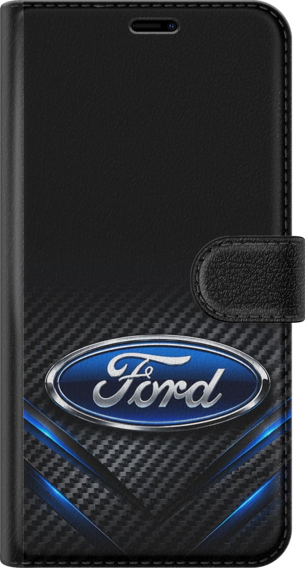 Kompatibel Tegnebogsetui til Apple iPhone 13 mini Ford – Blå oval på sort – Blå oval med hvid Ford-tekst og sølvfarvet kant, over blå og grå diagonal sort