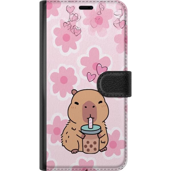 Kompatibel Tegnebogsetui til Apple iPhone 12 mini Sød tegnet kapybara med bubble tea, lyserøde hjerter og store blomster på en legesyg lyserød baggru pink