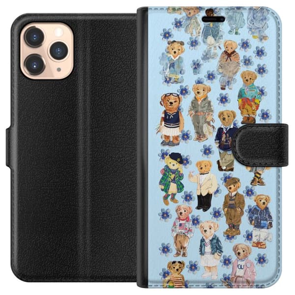 Kompatibel Tegnebogsetui til Apple iPhone 11 Pro Søde bamser i trendy tøj med blå blomster blå