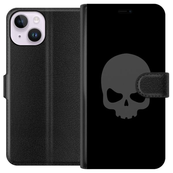 Kompatibel Tegnebogsetui til Apple iPhone 14 Enkel dødningehoved i grå tone mod sort baggrund, elegant og moderne design
