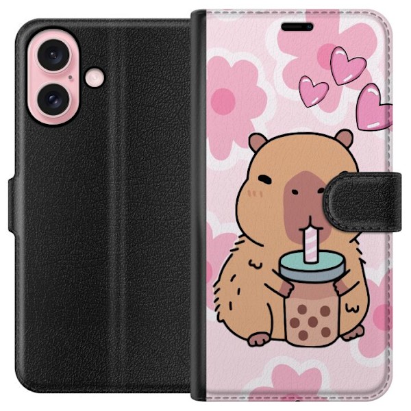 Apple iPhone 16 Plånboksfodral Kawaii Capybara Hjärtan Anime Stil Söt Design Djurmotiv TikTok Populärt Present Tjej
