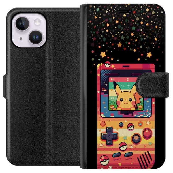Kompatibel Tegnebogsetui til Apple iPhone 15 Plus på retro spilkonsol i farverig pixelstil gul