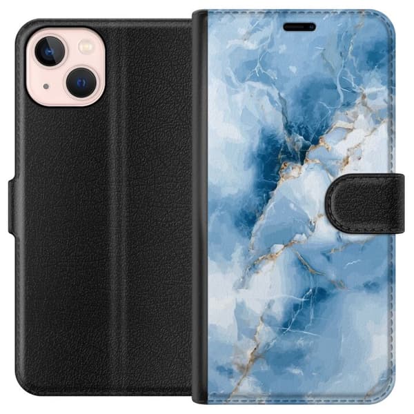 Kompatibel Tegnebogsetui til Apple iPhone 13 mini Lyseblå og hvid marmor med dybblå partier og tynde guldfarvede årer blå
