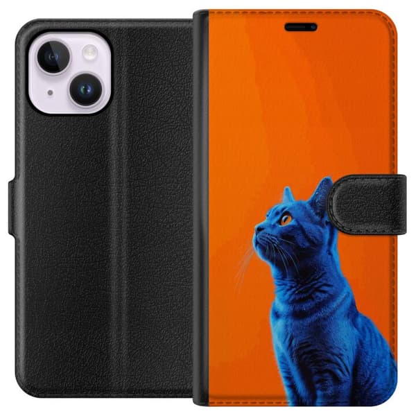 Kompatibel Tegnebogsetui til Apple iPhone 14 Plus Blå kat med orange baggrund i moderne popkunststil blå