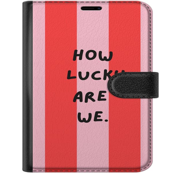 Kompatibel Tegnebogsetui til Apple iPhone Duo Sort med teksten How Lucky Are We på brede lyserøde og røde lodrette striber pink
