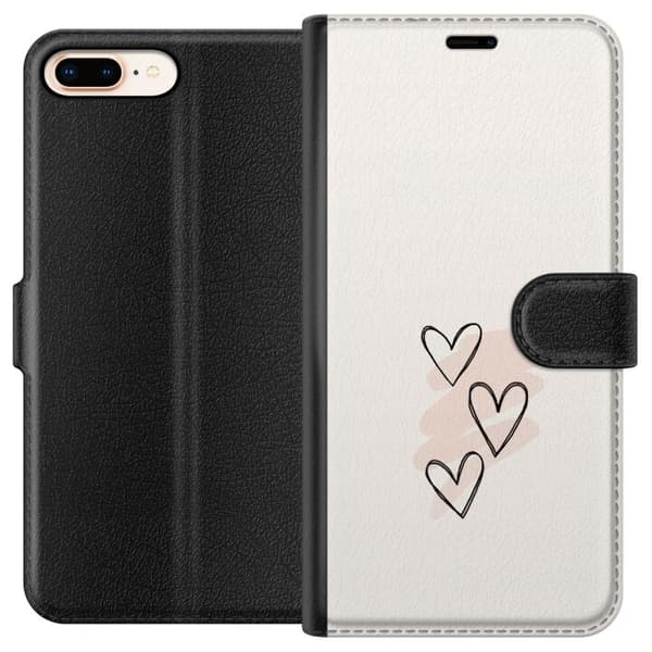Kompatibel Tegnebogsetui til Apple iPhone 8 Plus Tre håndtegnede sorte hjerter med lyserøde penselstrøg på lys baggrund, romantisk motiv beige