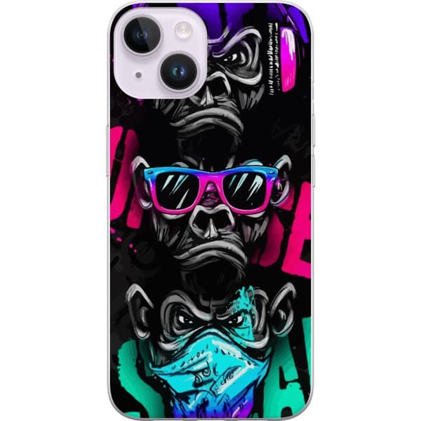 Kompatibelt Mobildeksel til Apple iPhone 14 Graffitimotiv med tre aper – Hører ingenting, ser ingenting, sier ingenting i neonfarger