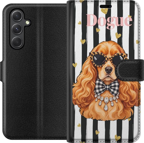Kompatibel Tegnebogsetui til Samsung Galaxy A05s Brun spaniel med sorte solbriller og ternet sløjfe mod sorte og hvide striber brun