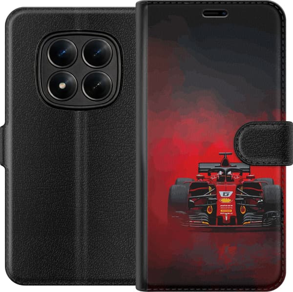 Kompatibel Tegnebogsetui til Xiaomi Redmi Note 15 Pro+ Rød formelbil set forfra under en rød røgsky på sort baggrund sort