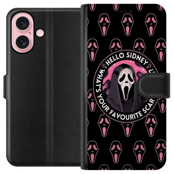 Kompatibel Tegnebogsetui til Apple iPhone 16 Sort og rosa skrækmotiv med maskerede figurer og teksten Hello Sidney sort
