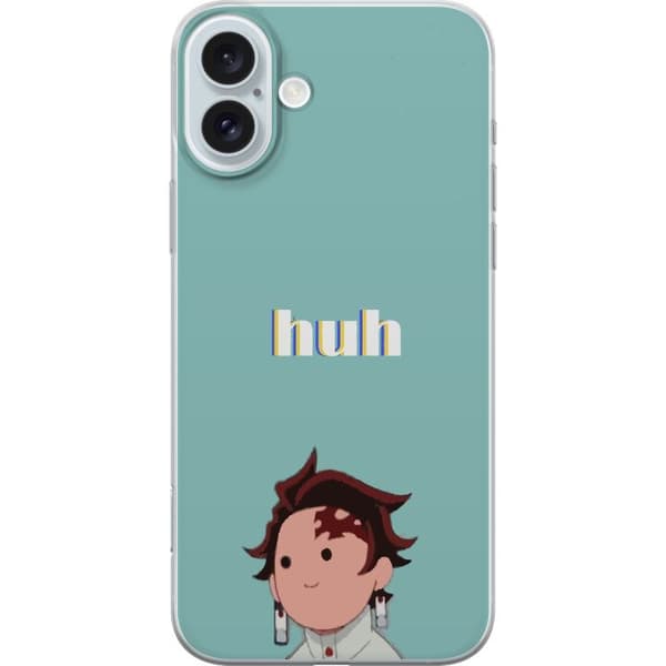Kompatibel Mobilcover til Apple iPhone 16 Plus Minimalistisk tegnet dreng med teksten "huh" mod en turkis baggrund blå