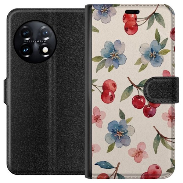 OnePlus 11 Tegnebogsetui Bær & Blomster - mønster med blå b