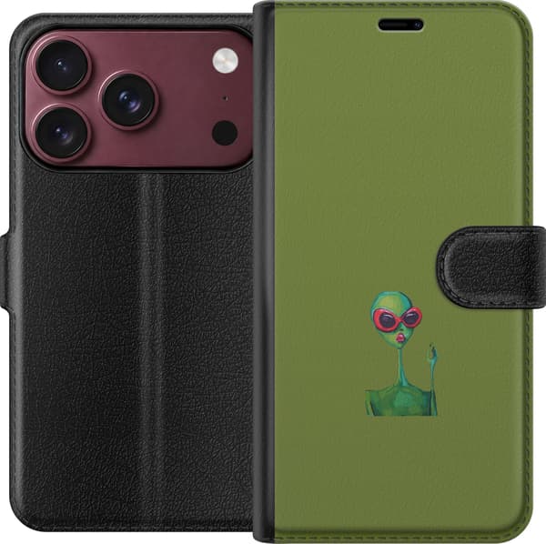 Kompatibel Tegnebogsetui til Apple iPhone 18 Pro Grøn alien med store røde solbriller og lyserøde læber mod ensfarvet olivengrøn baggrund grøn