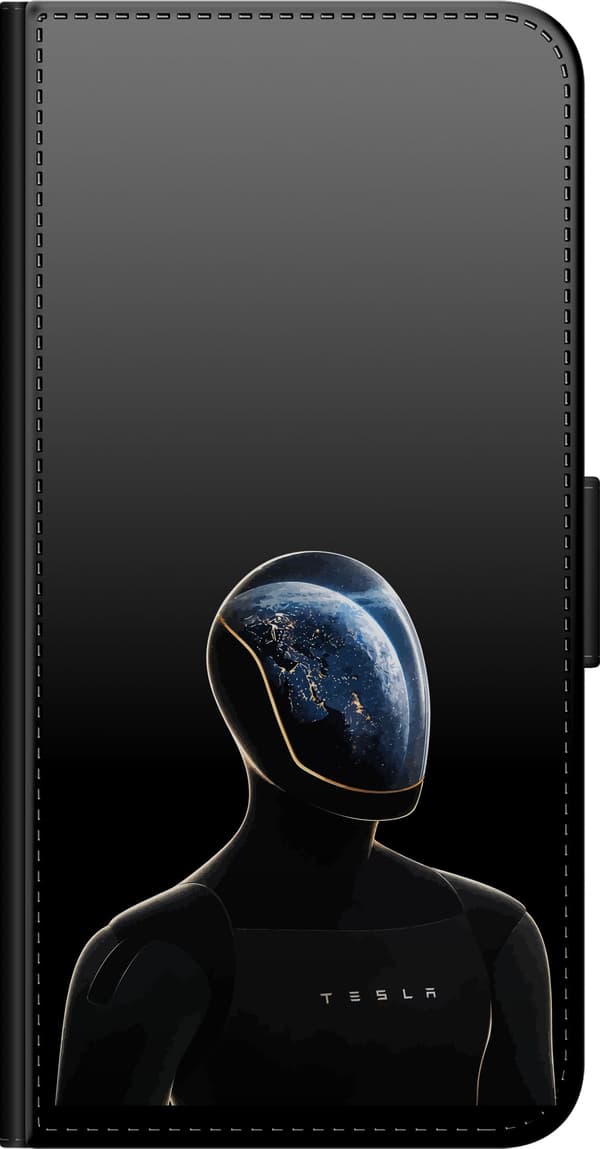 Kompatibel Tegnebogsetui til OnePlus 8 Sort robot med Jorden og lysende natbyer synlige i et blåt ansigtsvisir sort