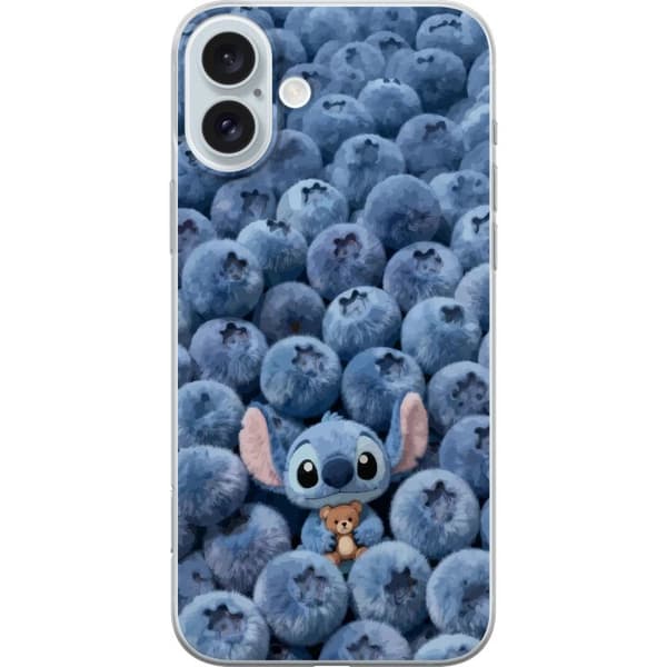 Kompatibel Mobilcover til Apple iPhone 16 Plus Sød, fluffy blå figur med en lille bamse blandt bløde blåbær blå