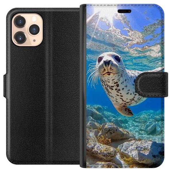 Apple iPhone 11 Pro Plånboksfodral Säl Hav Simmande Djurmotiv Natur Vattenmotiv Blå Design Marint Tema Populärt Motiv Djurliv