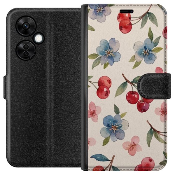 OnePlus Nord CE3 Plånboksfodral Bär & Blommor – mönster med blå blommor och skogsbär