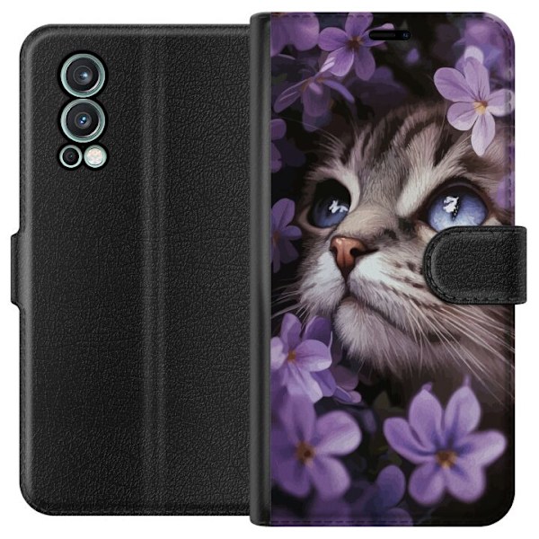 OnePlus Nord 2 5G Lompakkokotelo Kissa ja kukat