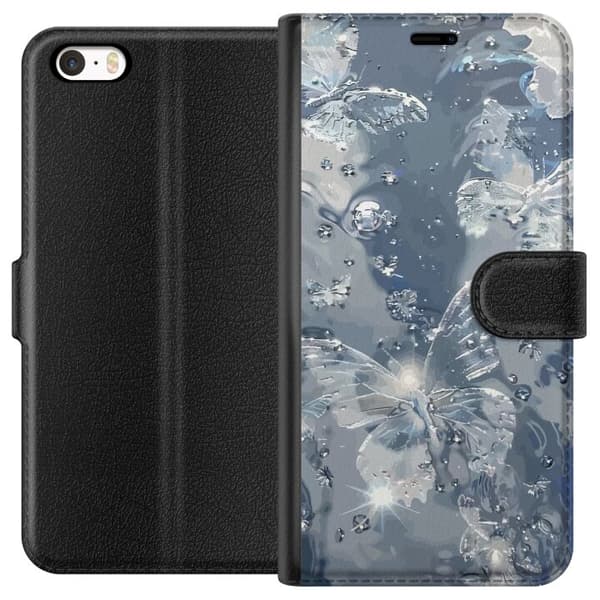 Kompatibel Tegnebogsetui til Apple iPhone 5 Elegant motiv med sølvfarvede sommerfugle, glitrende dråber og blågrå baggrund sølv