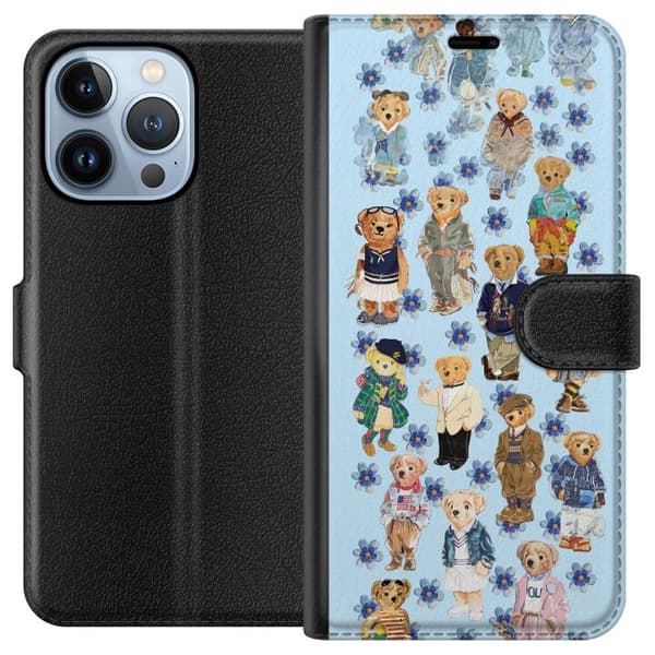 Kompatibel Tegnebogsetui til Apple iPhone 13 Pro Søde bamser i trendy tøj med blå blomster blå