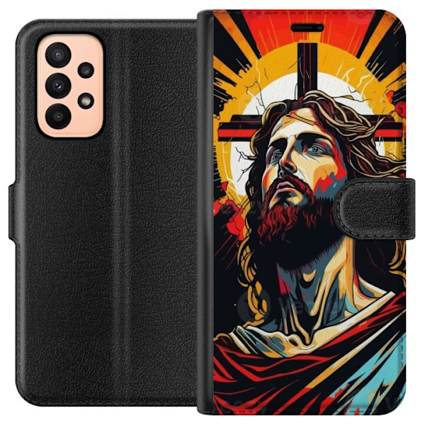 Samsung Galaxy A23 Tegnebogsetui Jesus & Kort - religiøst motiv med dyb symbolik