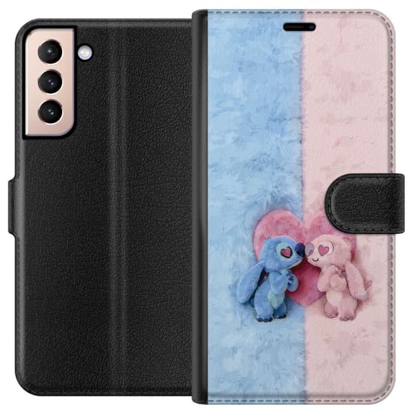 Kompatibel Tegnebogsetui til Samsung Galaxy S21 Søde blå og lyserøde figurer foran et stort lyserødt hjerte pink