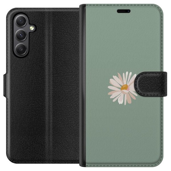 Samsung Galaxy A24 4G Plånboksfodral Grön Minimalblomma – stilren blomma på grön bakgrund
