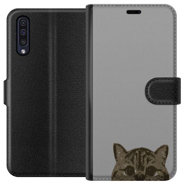Samsung Galaxy A50 Plånboksfodral Grå Kattblick – stilren kattdesign med grå bakgrund