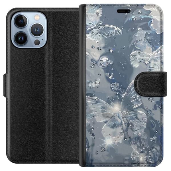 Kompatibel Tegnebogsetui til Apple iPhone 13 Pro Max Elegant motiv med sølvfarvede sommerfugle, glitrende dråber og blågrå baggrund sølv