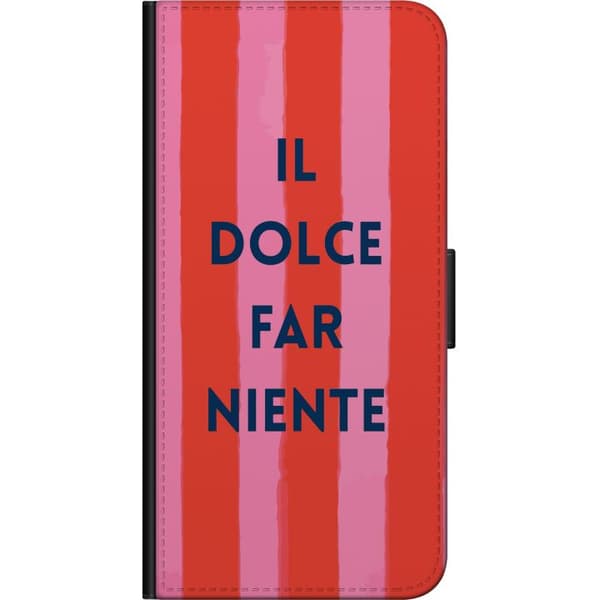 Kompatibel Tegnebogsetui til Nokia 2.4 Teksten Il Dolce Far Niente i mørkeblåt mod håndmalede rosa og røde striber pink