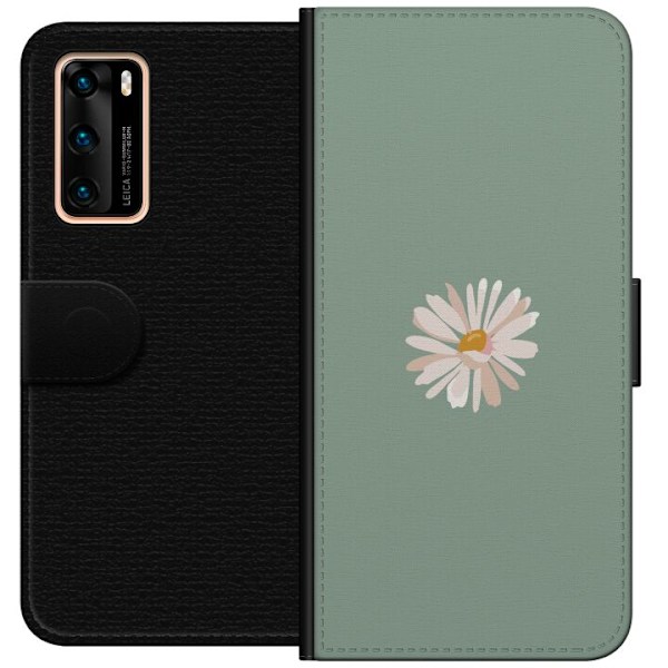 Huawei P40 Lompakkokotelo Vihreä Minimalikukka - tyylikäs kukka vihreällä taustalla