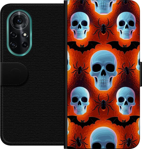 Kompatibel Tegnebogsetui til Huawei nova 8 Pro Blå kranier, sorte edderkopper og flagermus på orange baggrund orange