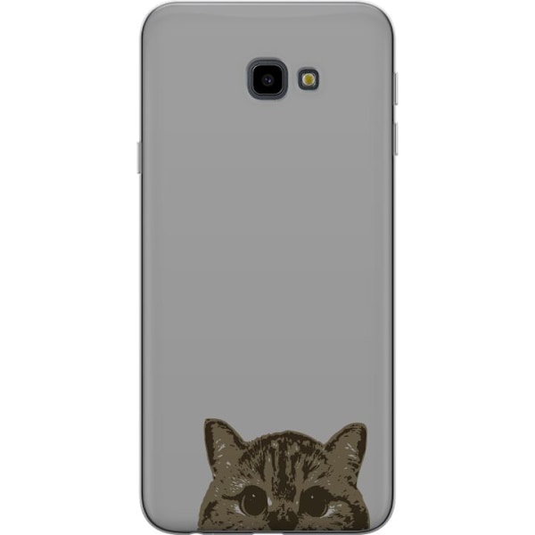 Samsung Galaxy J4+ Genomskinligt Skal Grå Kattblick – stilren kattdesign med grå bakgrund