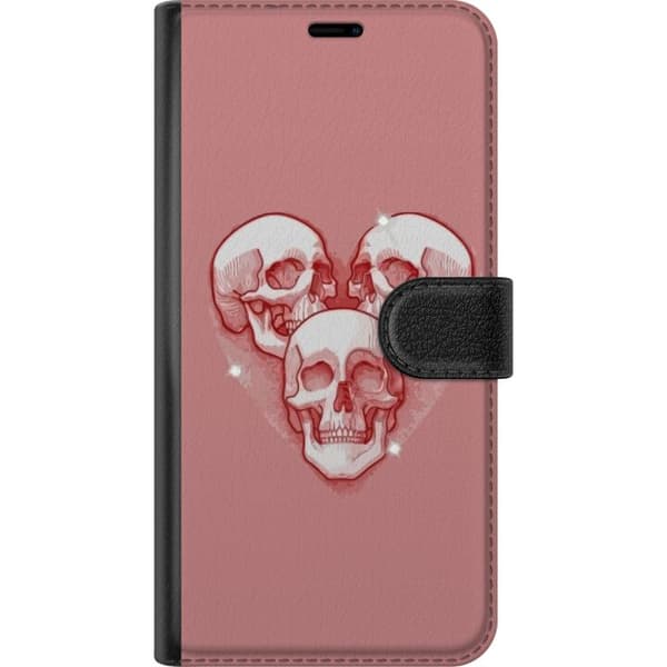 Kompatibel Tegnebogsetui til Apple iPhone 14 Pro Max Lyserødt motiv med tre kranier formet som et hjerte og glitrende stjernedetaljer pink