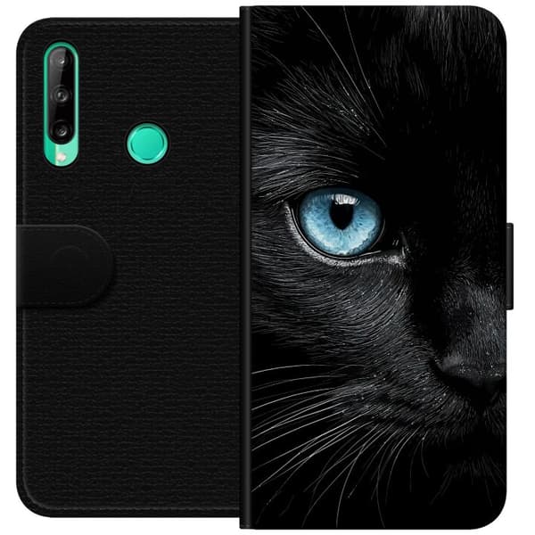 Kompatibel Tegnebogsetui til Huawei P40 lite E Nærbillede af sort kat med intenst blåt øje og dramatisk kontrast mod mørk baggrund sort
