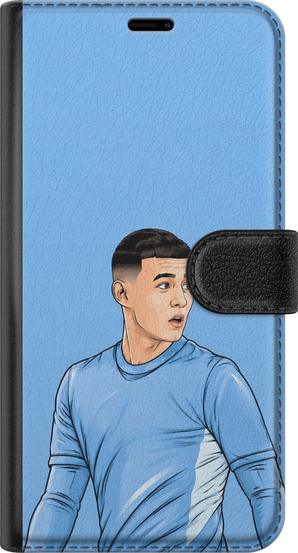 Kompatibel Tegnebogsetui til Apple iPhone 7 Plus Foden blå - Phil Foden i lyseblå kamptrøje, der kigger til siden mod en lyseblå baggrund blå