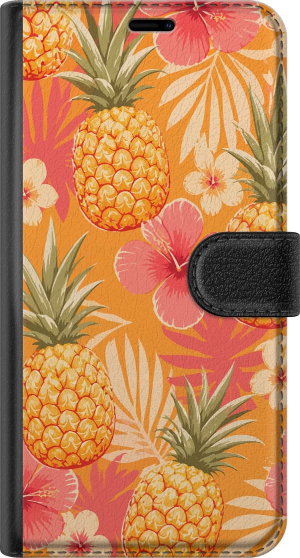 Kompatibel Tegnebogsetui til Google Pixel 9 Pro Tropisk mønster med ananas, hibiscusblomster og blade i orange og lyserøde nuancer orange